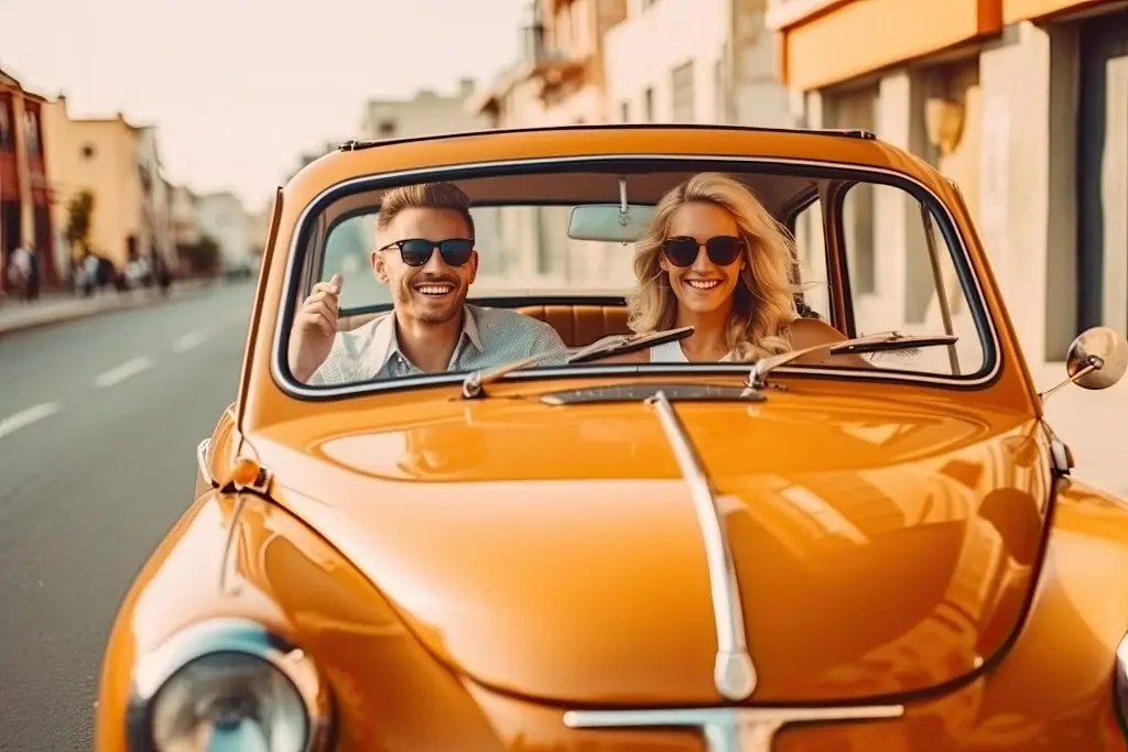 Glückliches junges Paar in einem Cabrio auf einer Stadtstraße. Sommerurlaub und Reisekonzept