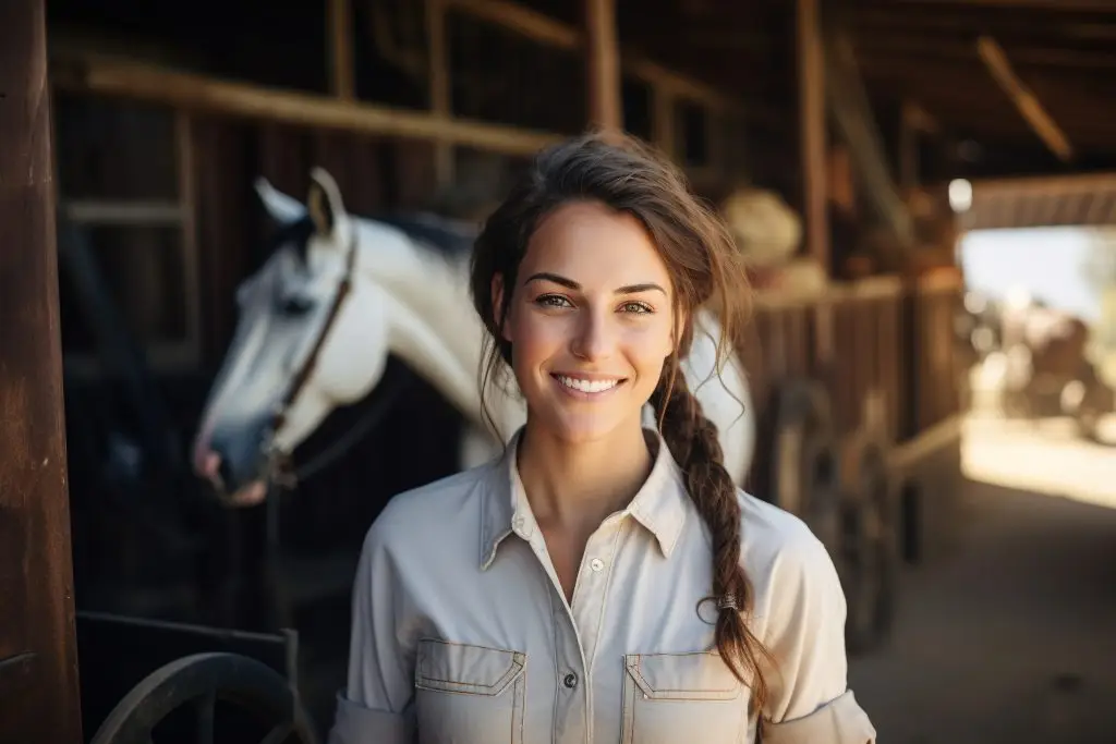 Lächelnde Bäuerin in Arbeitskleidung kümmert sich um Pferde.